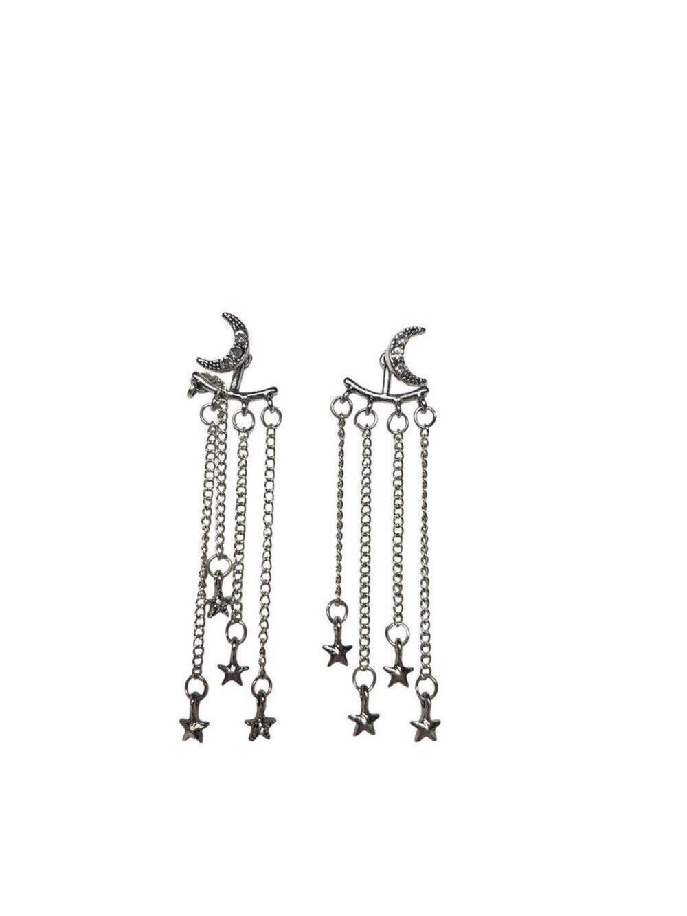 Moon Star Silver Dangle Earrings Chain Tassels Celestial Design